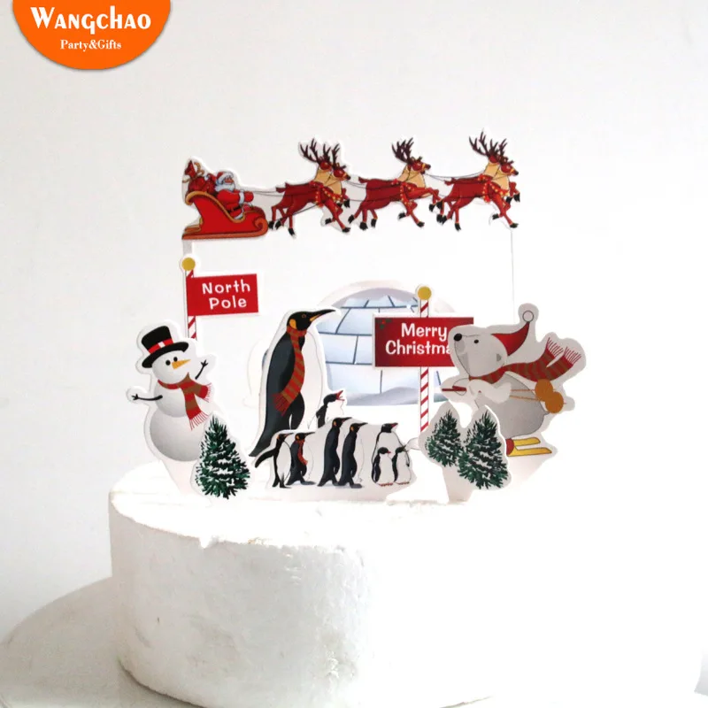 1 Set Paper Merry Christmas Cake Topper Santa Elk Tree Snowman Bear Penguin Xmas Decoration for Home Party Supplies Kids Favors