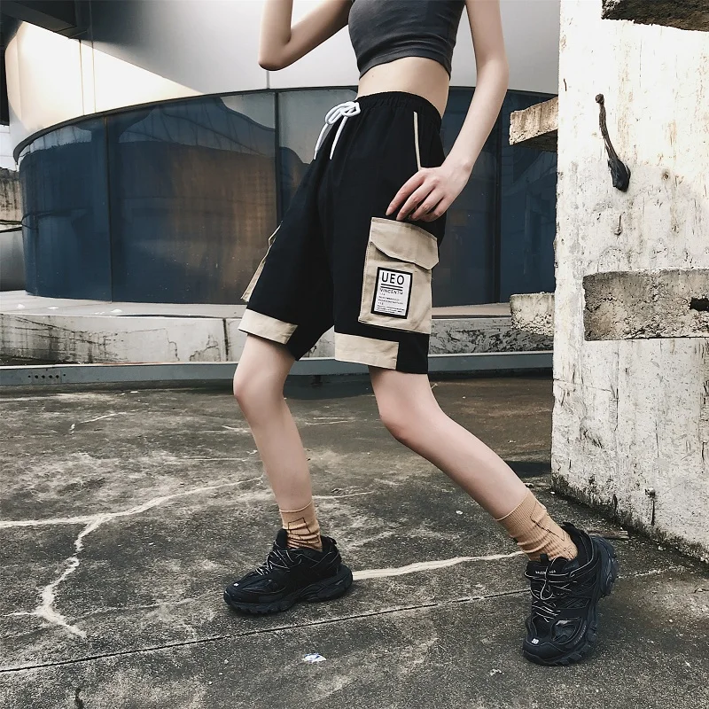 

Pocket patchwork hotpants lacing streetwear cotton booty shorts summer shorts women new oversized loose hip hop hot shorts femme
