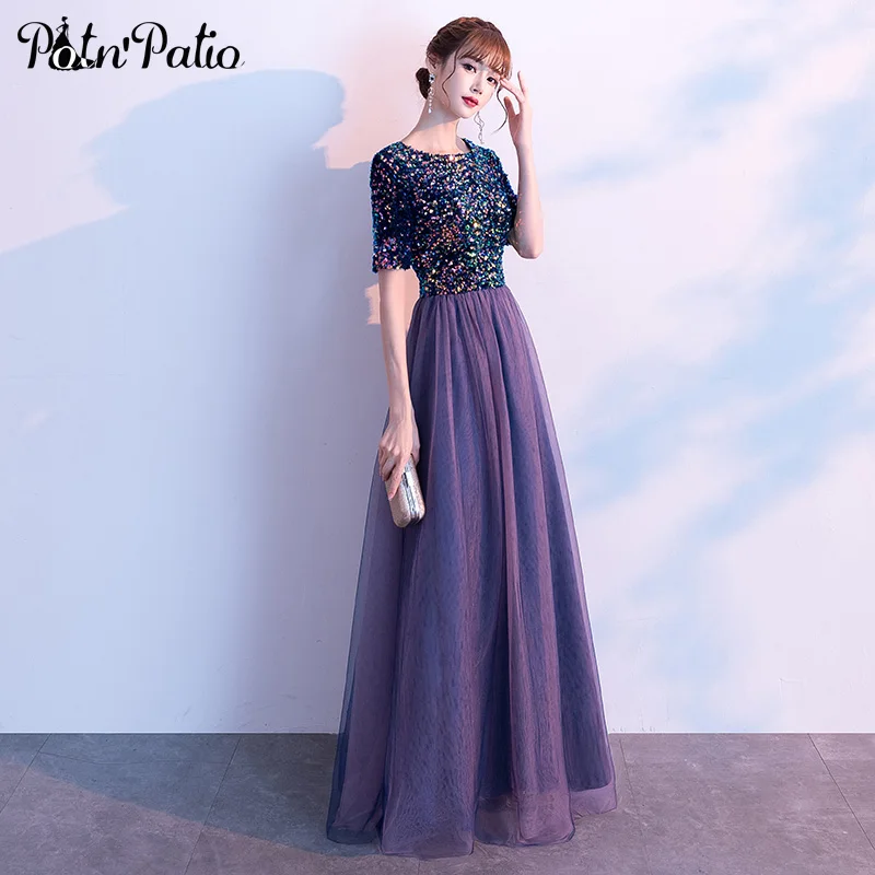 

Elegant Purple Tulle Evening Dresses 2020 O-neck A-line Floor-length Sequins Women Long Formal Gowns With Sleeves