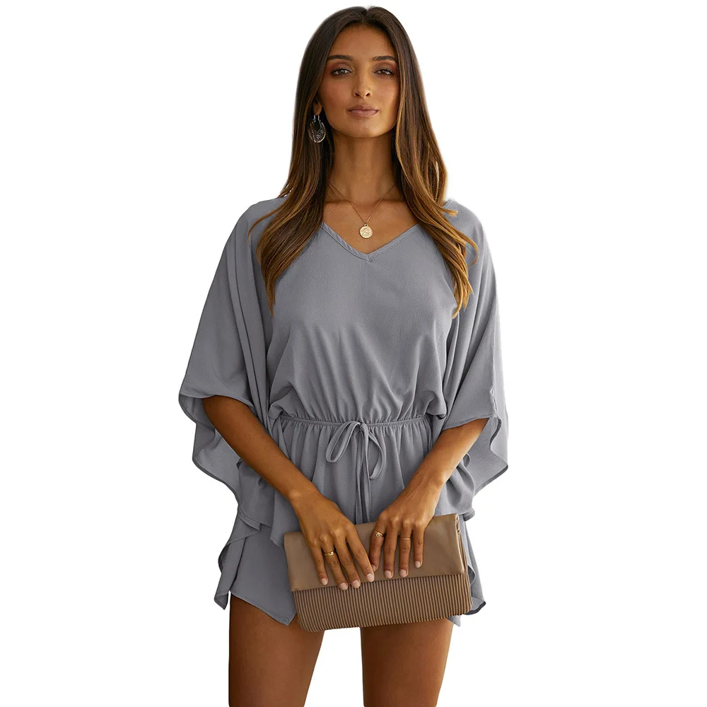 

Pure Color Jumpsuit Women 2021 New V-neck Short-sleeved High-waisted Wide Loose Casual Pants Rompers Womens Jumpsuit Shorts