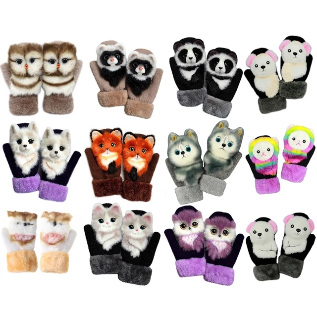 Women Men Winter Knitted Gloves Cute 3D Fluffy Cartoon Animal Decor Thickened Plush Lining Outdoor Windproof Thermal Warm Mitten