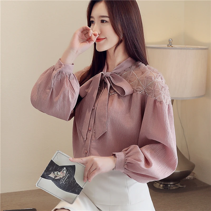 Корейская мода кружева шифон женская блузка Осень Розовый женские рубашки плюс