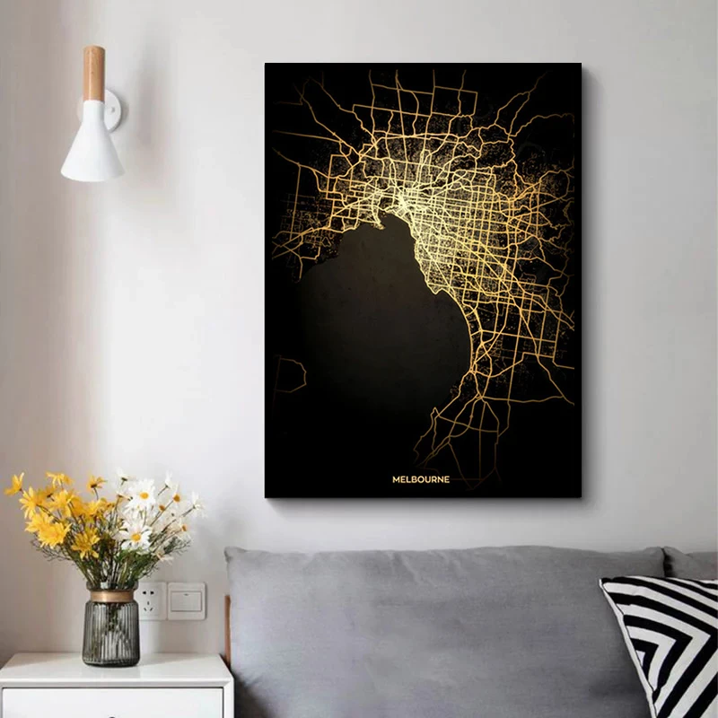 Карта города Мельбурна плакат абстрактное искусство черная Золотая карта печать