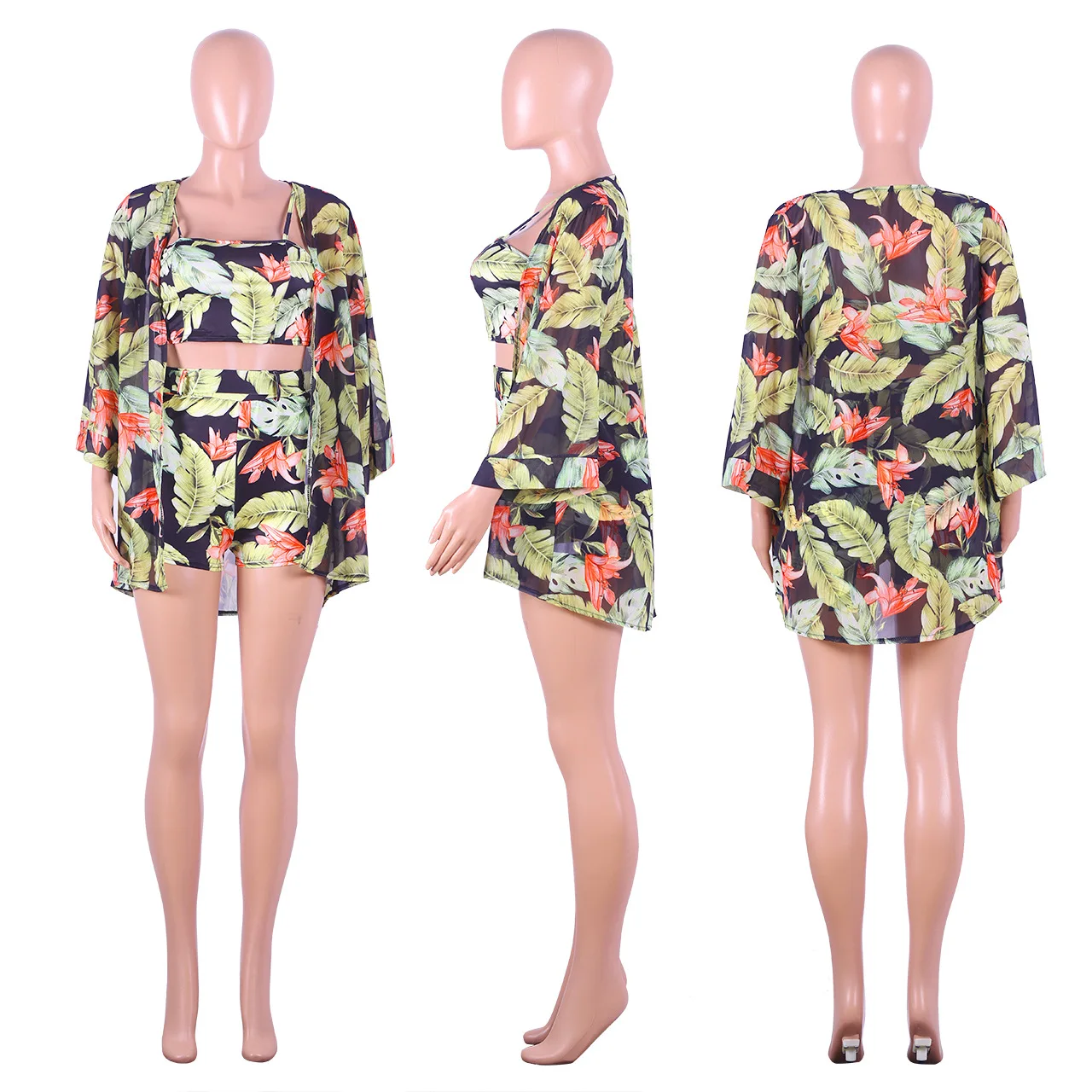 

Woman Sexy Three-Piece Set Outfits Vest Print Shorts Chiffon New Summer Fashion Suit Streetwear Suit 2021