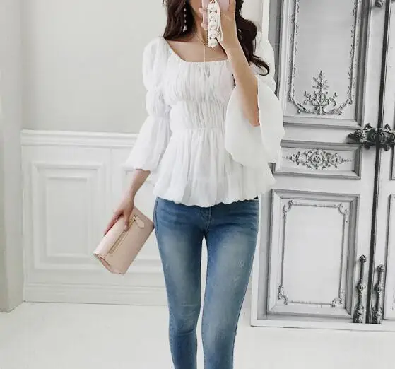 2021 Для женщин с открытыми плечами короткие рукава оборки блузка рубашка Топ