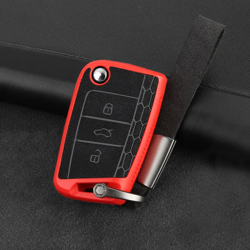 Red Пластиковый+ кожаный чехол для ключей автомобиля для Volkswagen VW Golf 7 MK7 Tiguan mk2 для Skoda Octavia A7 Kodiaq - Название цвета: Red