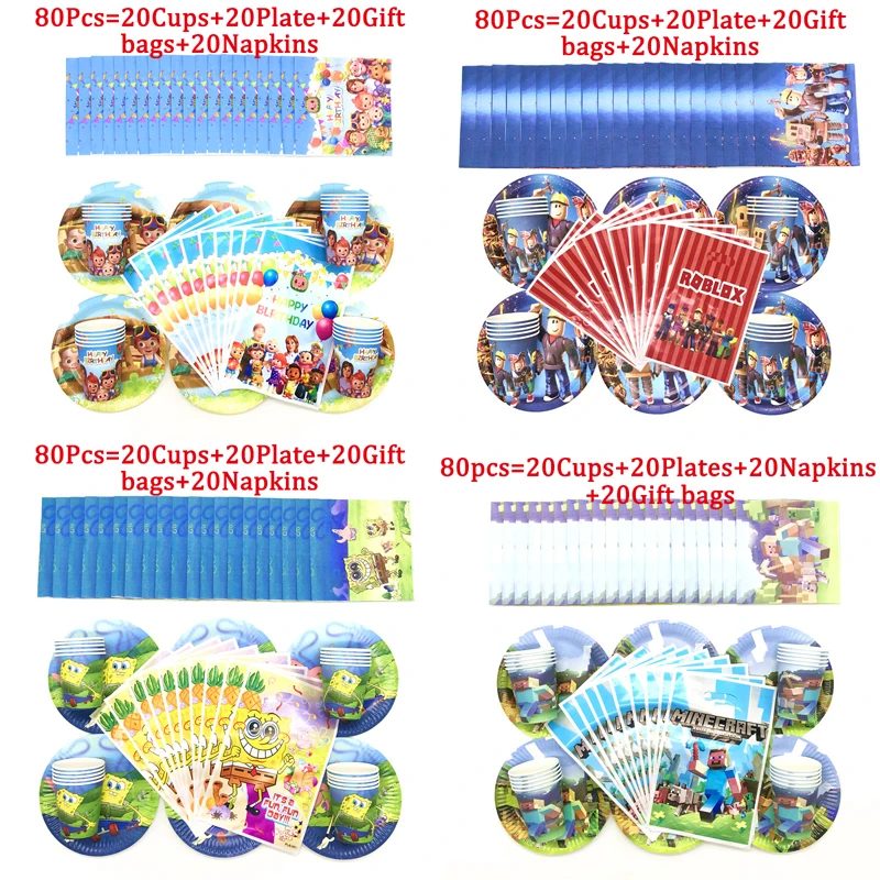 

60/80//90/100Pcs Cartoon Children Birthday Party Disposable Tableware Cup Plate Kids Favors Imagination Creates Games Supplies