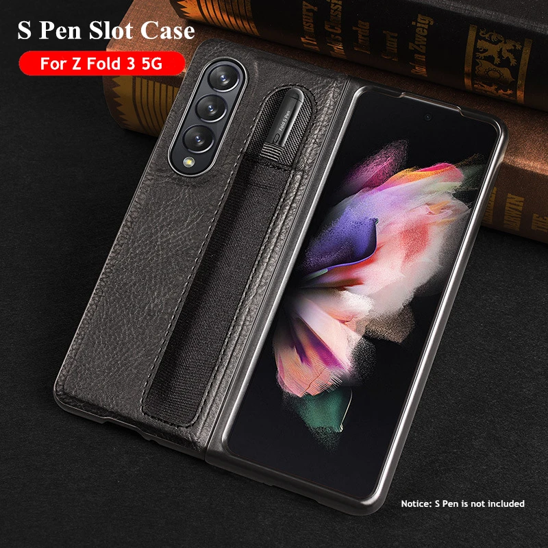 

Pen Holder Case For Samsung Galaxy Z Fold 3 Case Litchi grain Leather Pen Slot Hard Cover For Z Fold3 5G Pen Bag Case