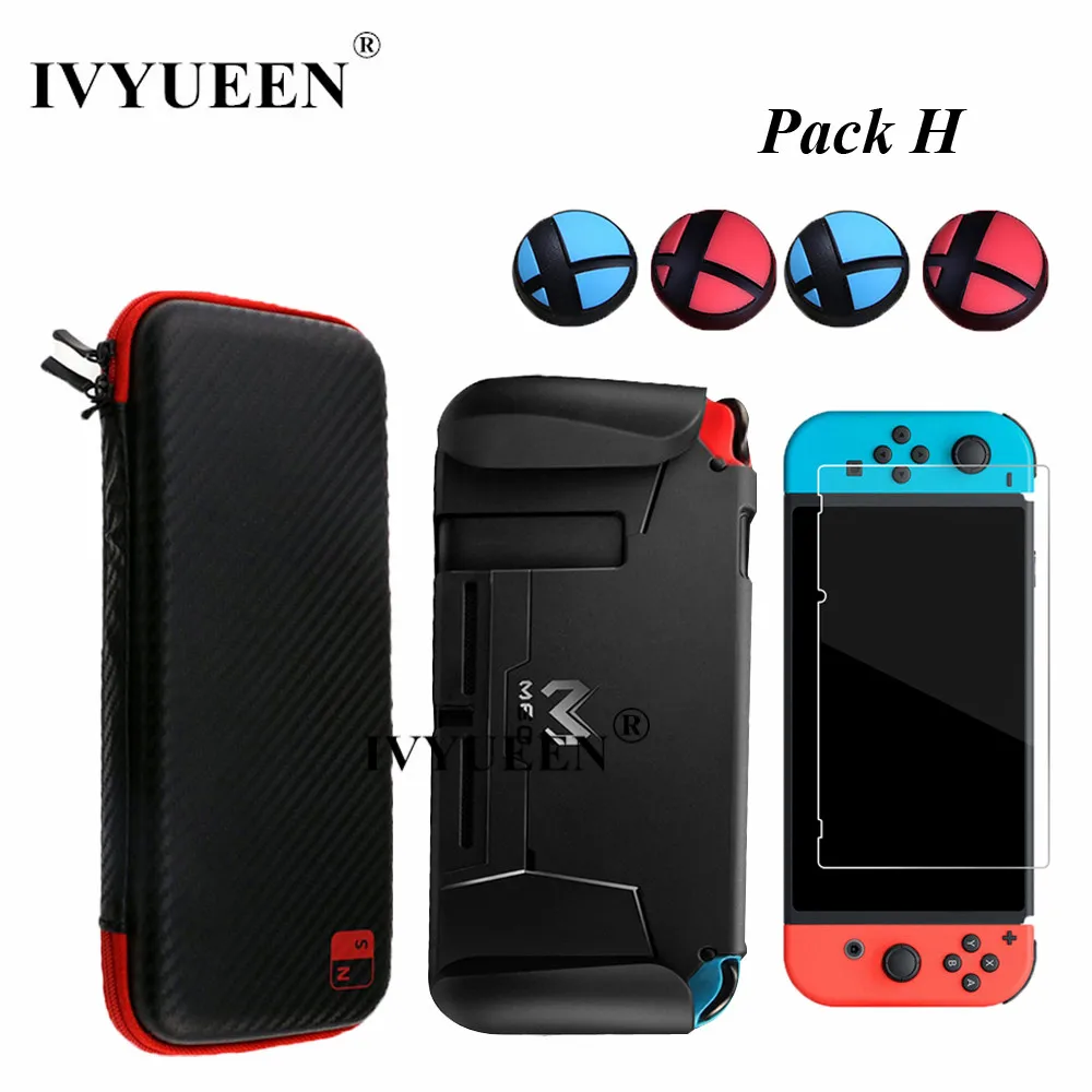 Pack H IVYUEEN 7 в 1 для Nintendo doswitch NS консоль дорожная сумка для переноски и закаленное стекло пленка и твердая оболочка аналоговая защитная накладка крышка - Цвет: Pack H