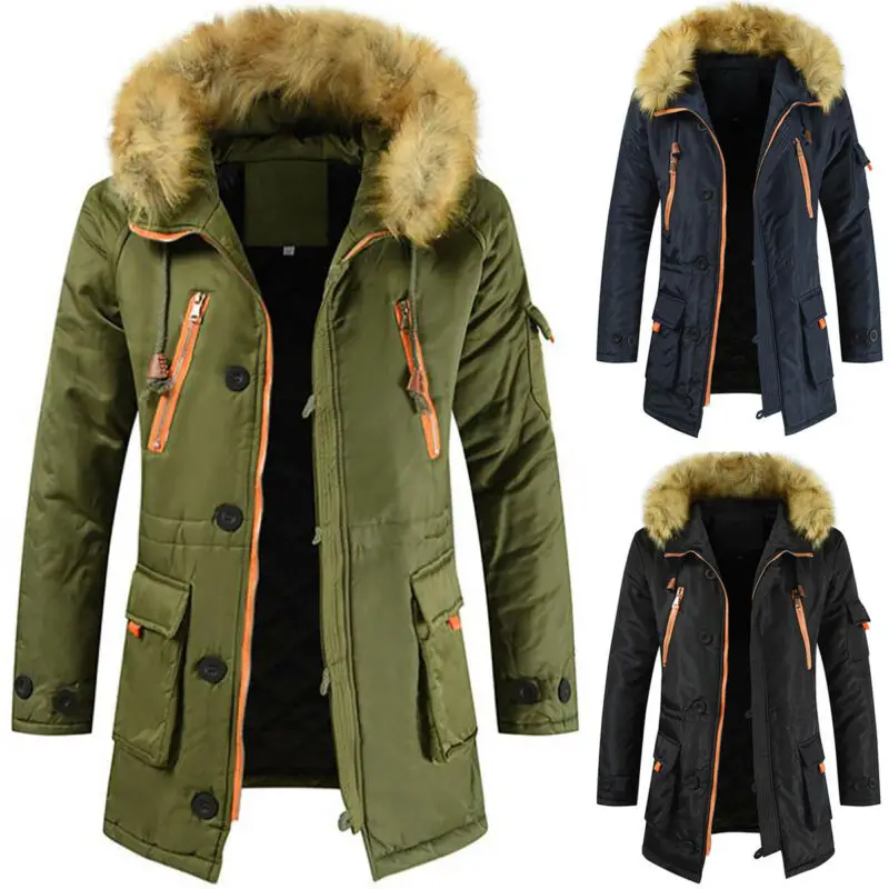 

Mens Faux Fur Parka Coat Windbreaker Winter Warm Hoodies Padded Jackets Outwear