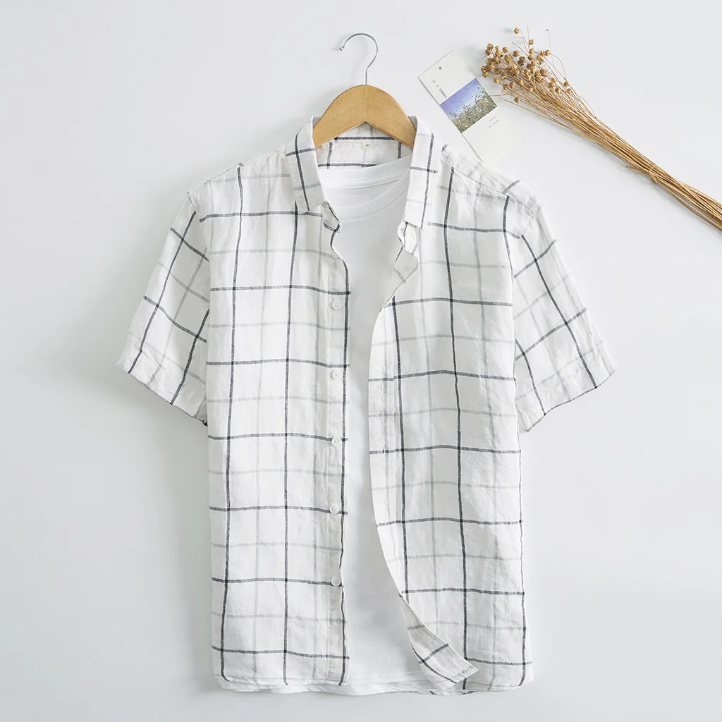 

063 New Spring Men's Linen Shirt Trend Classic Simple Casual Plaid Lapel Breathable Short-Sleeved Male Tops Tees High Quality