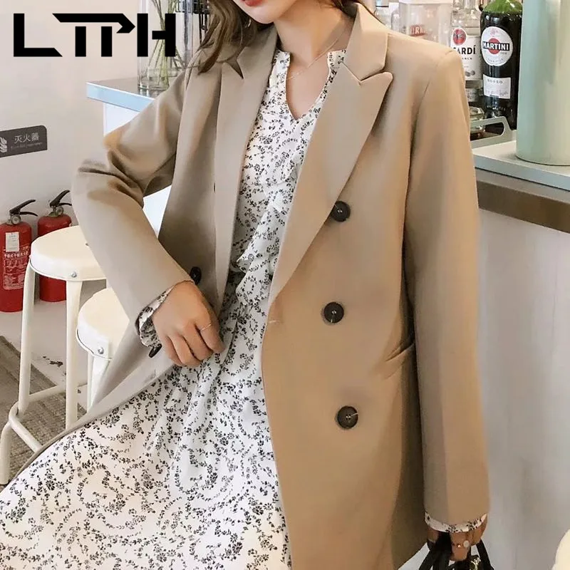 LTPH OL-Chaqueta de estilo informal para mujer, blazer de color caqui con doble botonadura, longitud media, combina con todo, primavera 2021