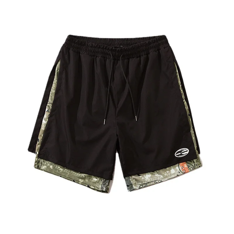 

2021 Hip Hop Harajuku Fake Two Pieces Shorts Streetwear Bandana Paisley Pattern Print Jogger Short Pants Elastic Waist WY809