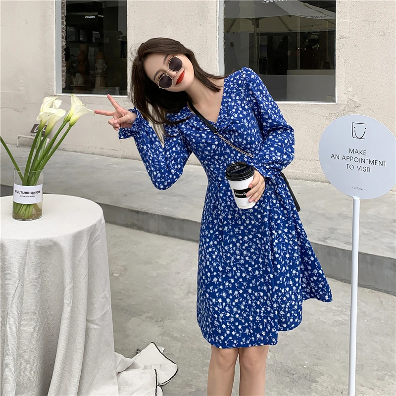 

Women Floral Blue Dress Spring Summer 2021 Korean Fashion Lady Lantern Sleeve Dress V-neck Flower Crop Tops Vestido Feminino
