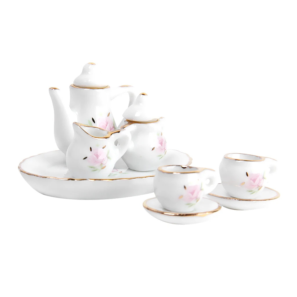 Impressão com Guarnição Bonecas Casa Miniatura Porcelana Chá Conjunto Rosa Flor Dourada 8 Pçs
