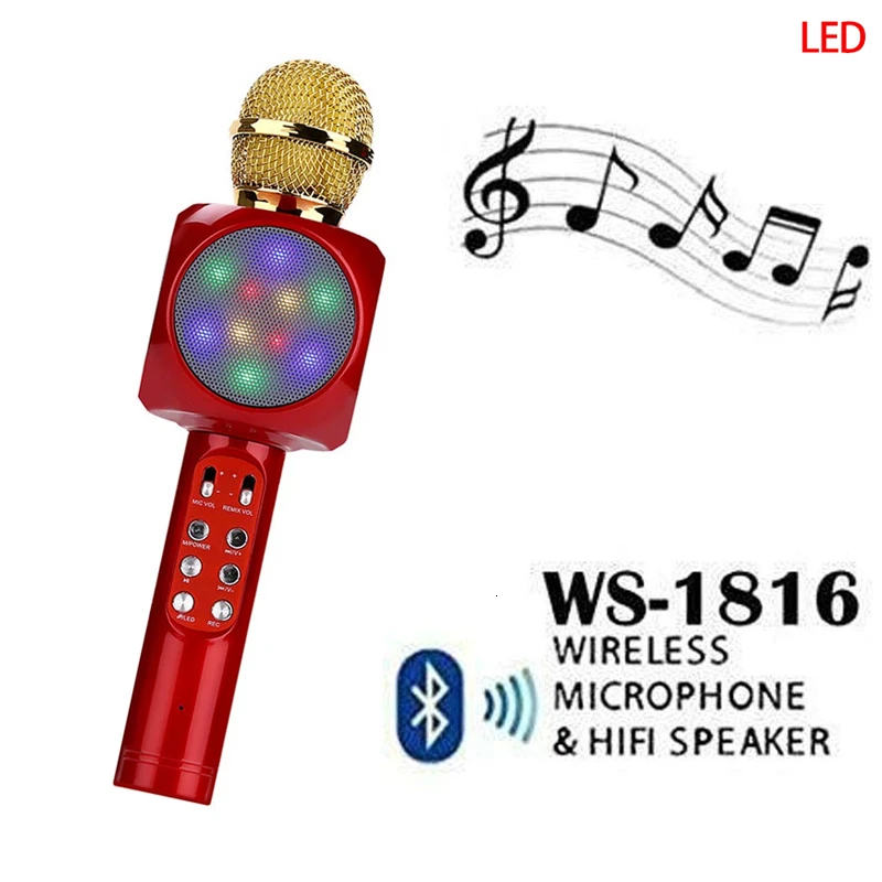 

WS1816 Wireless Bluetooth KTV Speaker LED Light Phone Music Player Speaker Microphone 2 in 1 Karaoke Microphone Children Toys