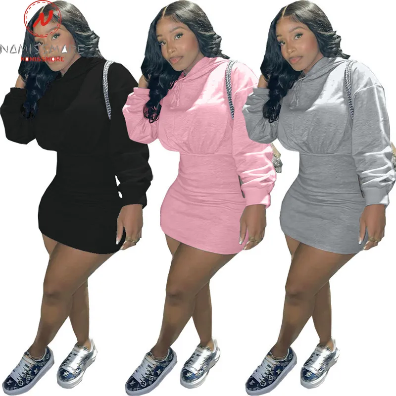 

Fashion Women Solid Color Pencil Dress Hooded Design Bandage Decor O-Neck Long Sleeve Mid Waist Autumn Casual Pencil Dress