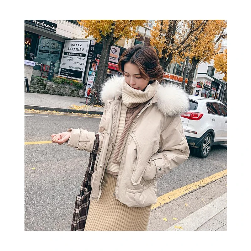 Зимняя парка с мехом енота плюс размер куртка гусиным пером Женская на белом
