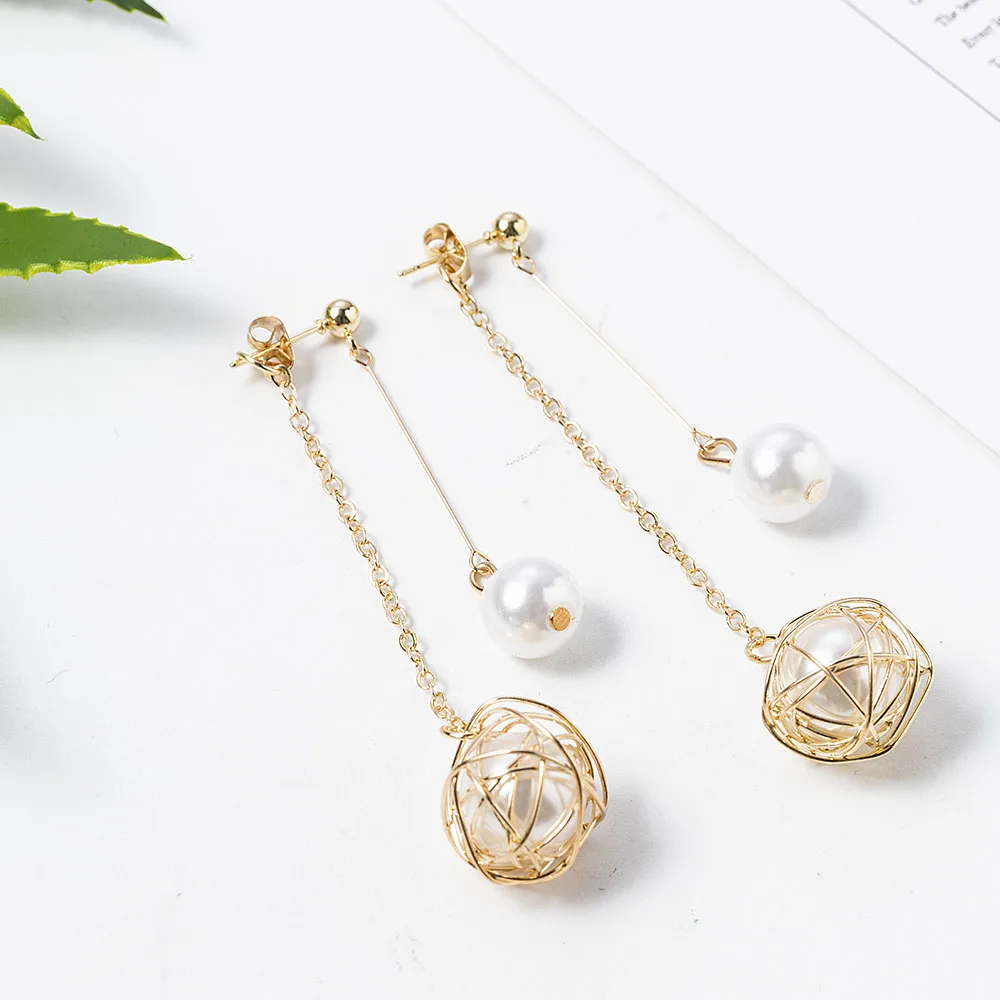 Висячие серьги из шпагат с металлическим шариком и искусственным жемчугом для