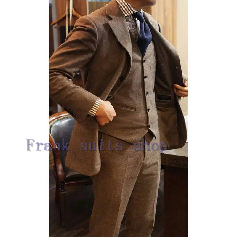 

Latest Coat Pant Designs Brown Tweed Men Suit 2023 Slim Fit Skinny 3 Piece Tuxedo Custom Groom Prom Blazer mens Suits Masculino