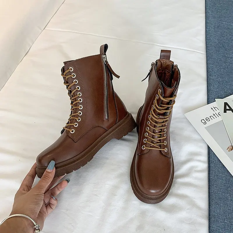 2020 NEW Boots for Women Fashion Brown Black Women's Boots Plush Winter Boots Female Women Shoes PU Leather Boots Women's Shoes