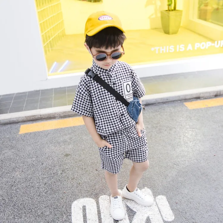 

Boys Summer New Fashion Short Sleeve Top And Short Pant Two-piece Baby Clothes Plaid Sets
