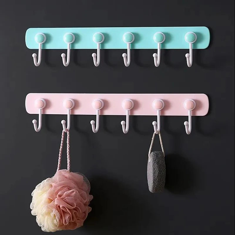 

Bathroom Kitchen Wall Hook Nail-free Punch-Free Wall Hanger Houeshold Organization Supplies Six Rows Hooks Home Tool
