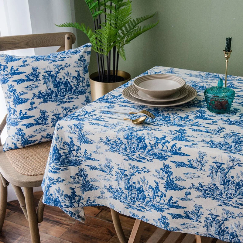 Скатерть американская пасторальная Ретро синяя печать чернила хлопок и лен