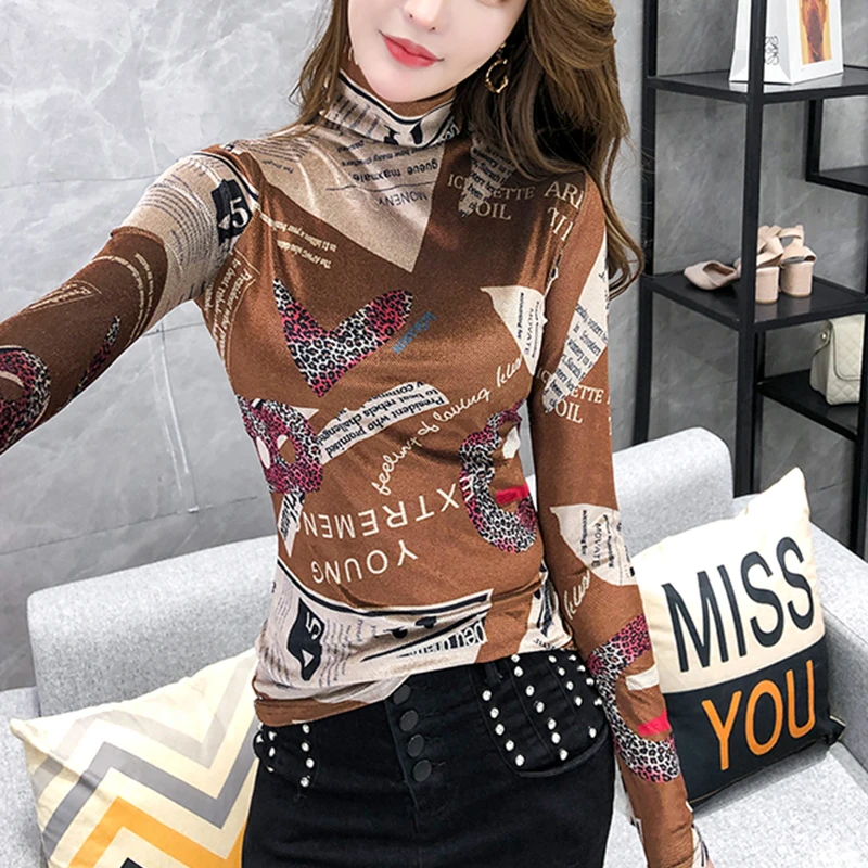 

NEW High neck bottoming women's autumn and winter fashion printing top small shirt with sleeve young women's T shirt harajuku