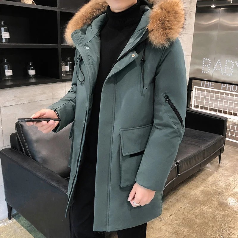 2021 Winter Men's Lengthened Cotton-padded Clothes Wool Collar Waterproof Parkas In Warm Snow Jackets Green/black Coats M-4XL