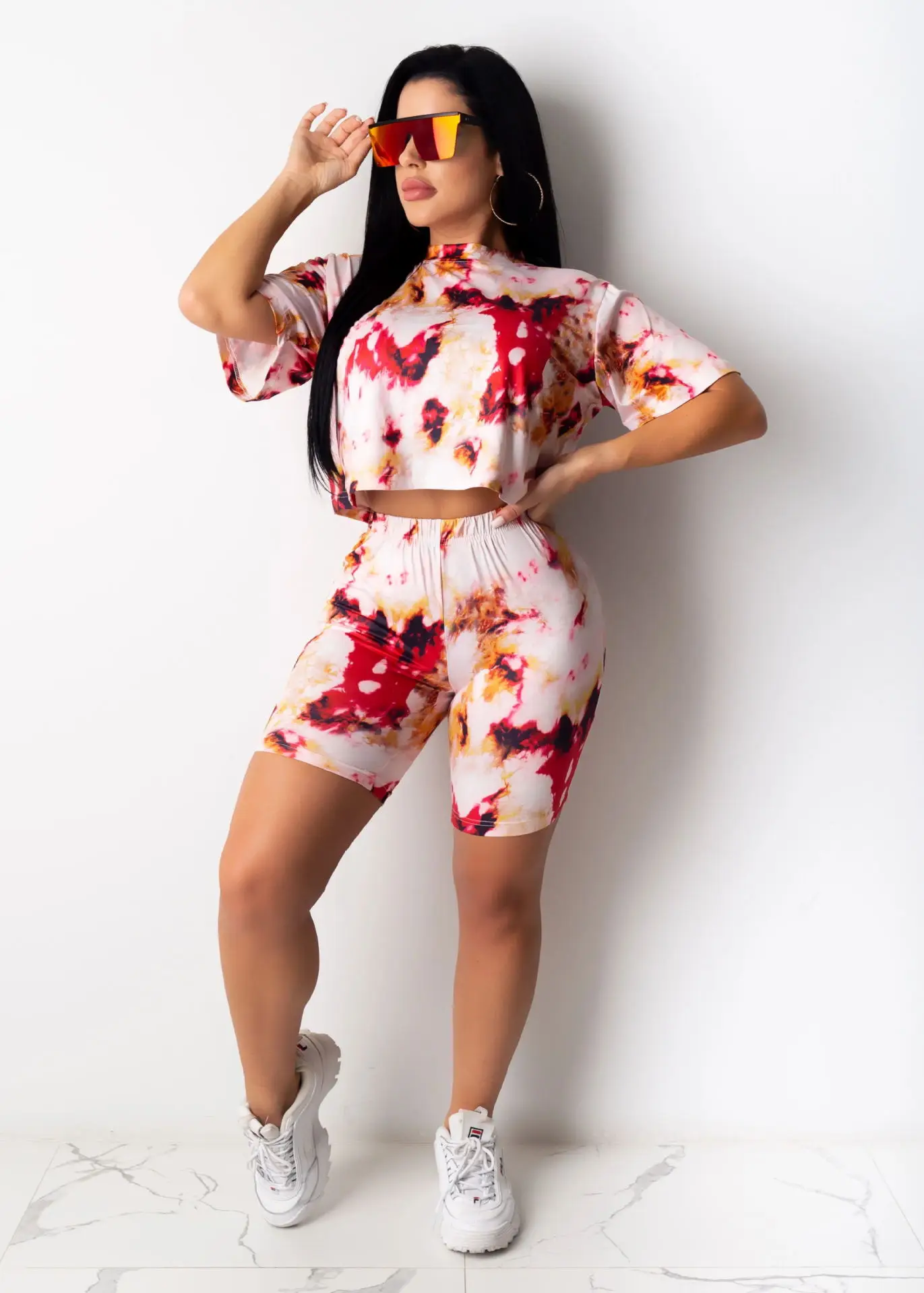 Женский летний костюм из двух предметов с принтом рубашка коротким рукавом и