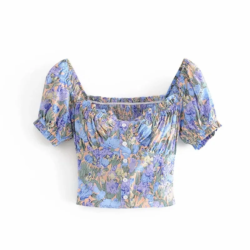 

Sexy Chiffon shirt female summer retro oil painting bubble sleeve shirt top short slim square collar floral shirt female