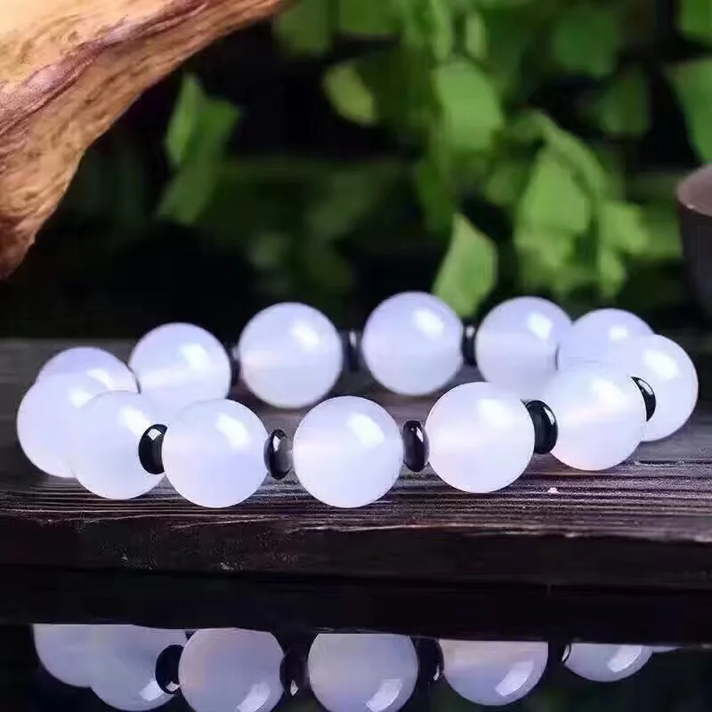 

Natural chalcedony white agate handcarved round beads bracelets beads for couples woman men beads bracelet with jade bracelet