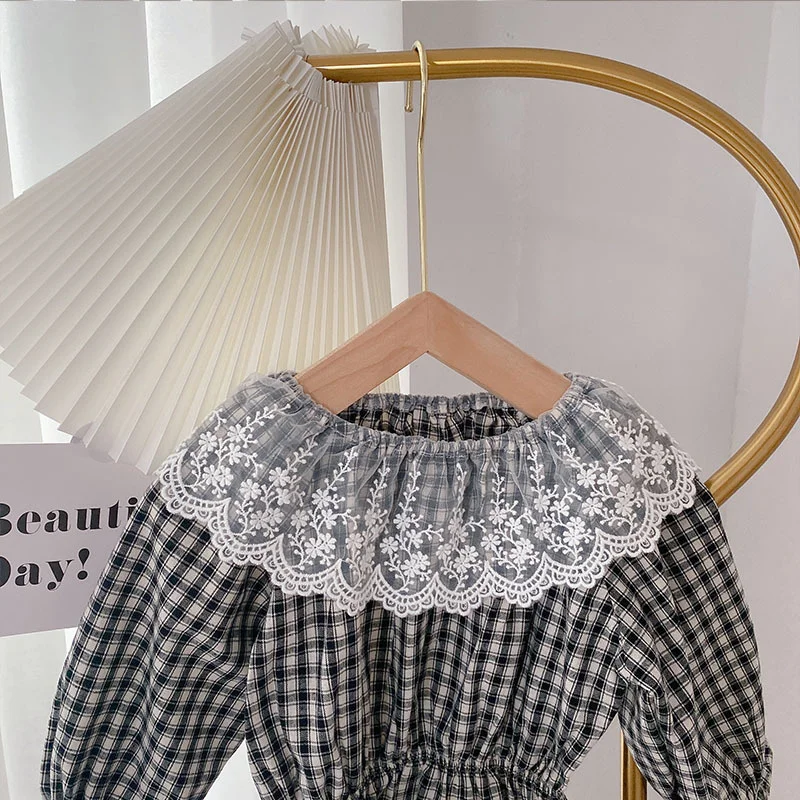 Клетчатая рубашка для девочек Осенний Кружевной Топ с длинным рукавом и открытой