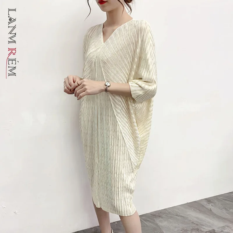 LANMREM/2021 новые модные летние плиссированные платья с рукавом летучая мышь и v