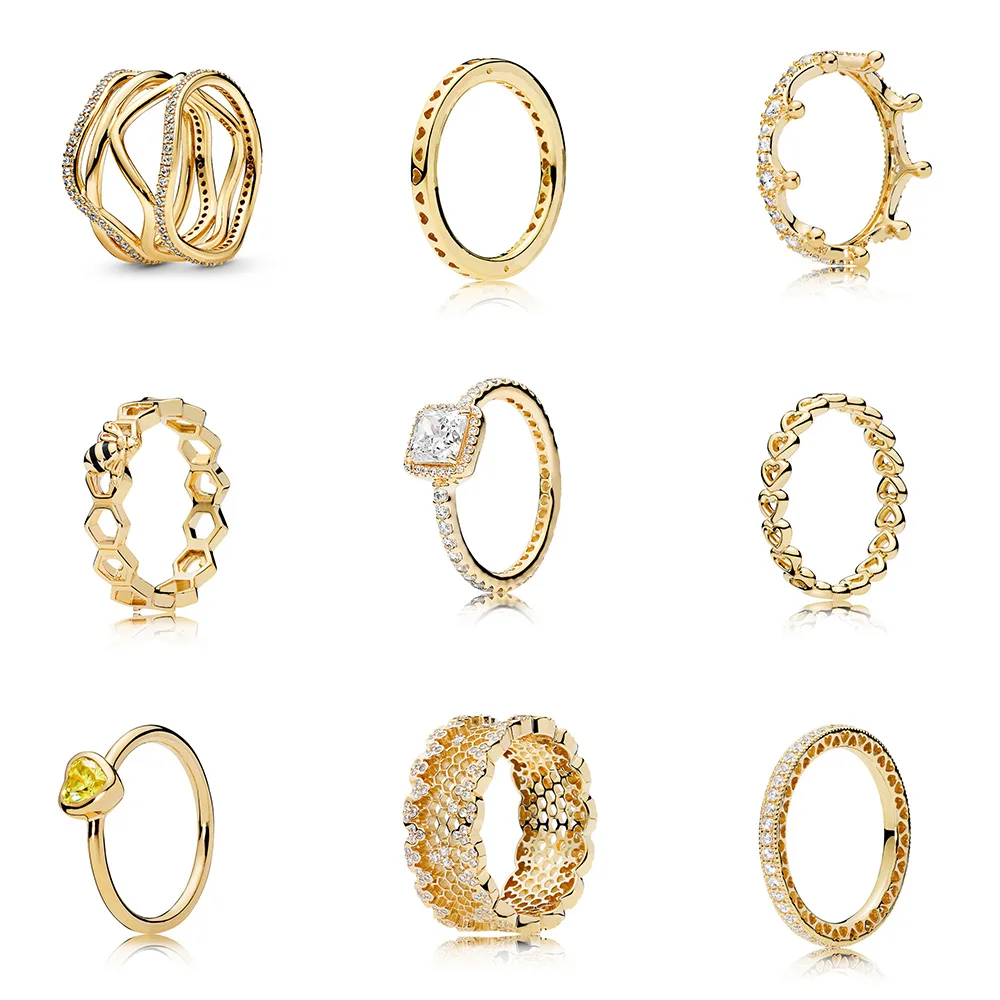 

925 Sterling Silver Ring Charms Round Shape Yellow Square Heart Cz Finger Ring For Women Party Jewelry