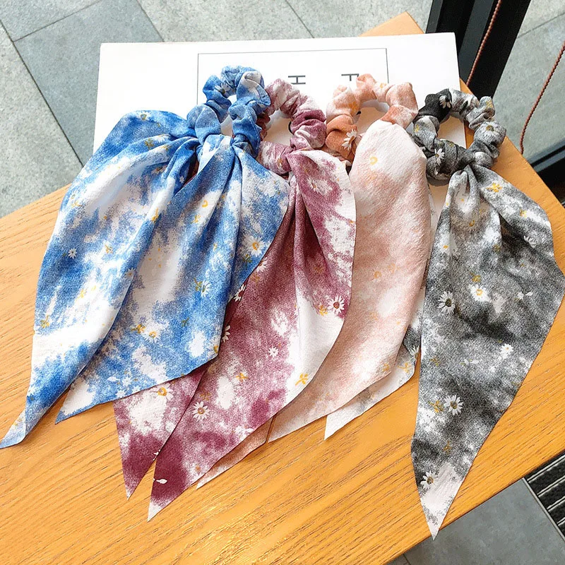 

Fashion Floral Print Scrunchies Solid Long Hair Ribbon Women Ponytail Scarf Sweet Elastic Hair Band Hair Accessories Bohemian
