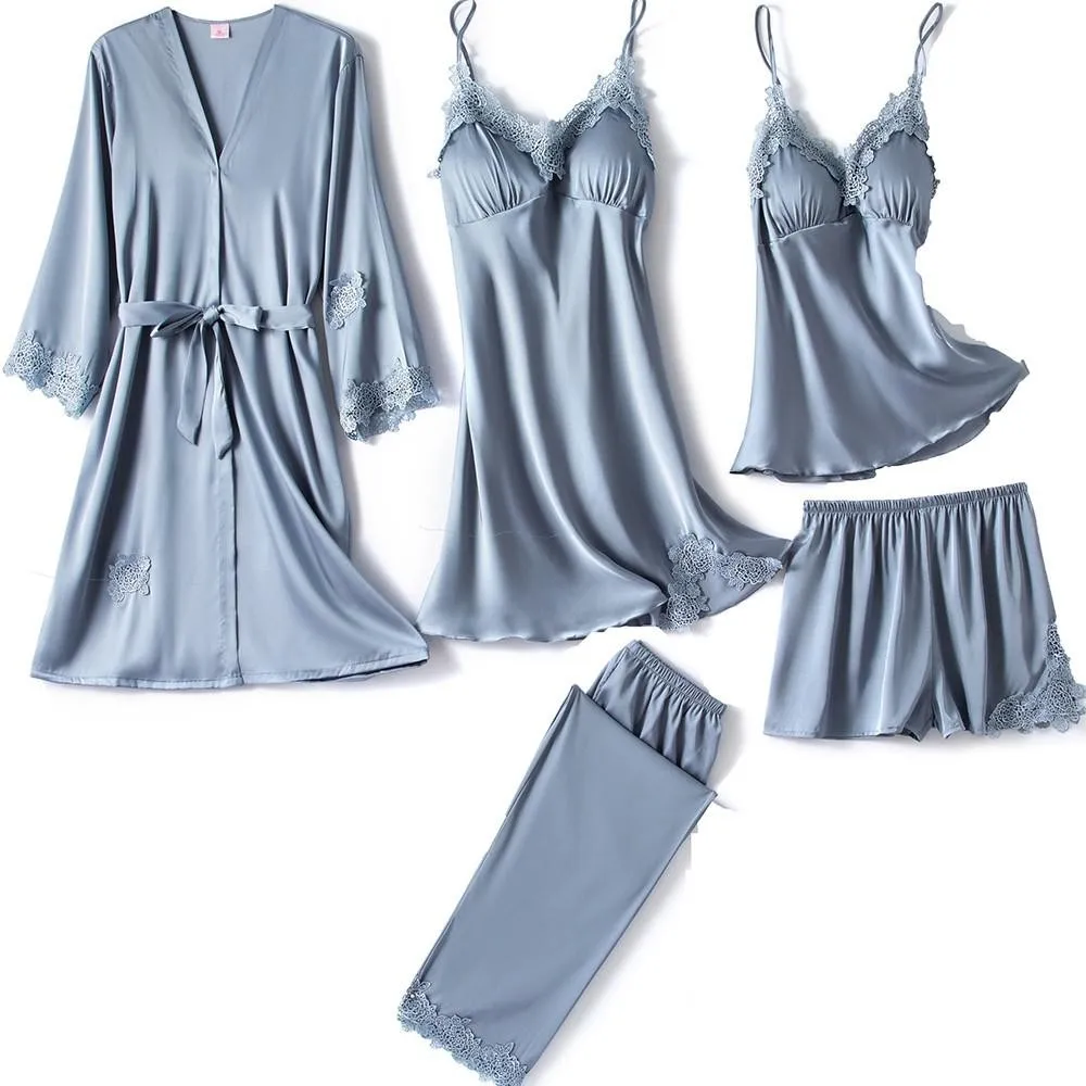 5 шт. шелковая пижама женский кружевной пижамный комплект Женская свободная