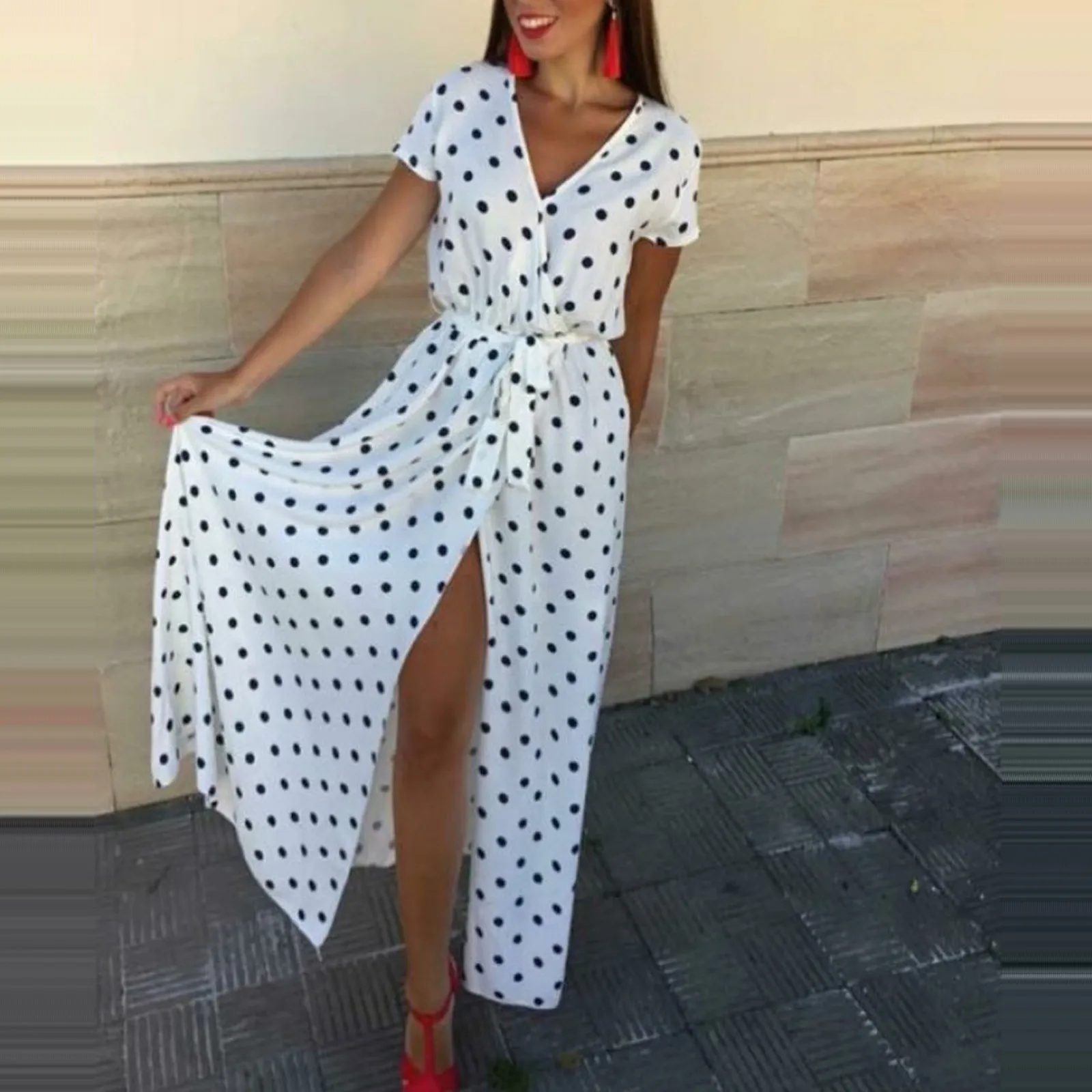 

Women Fashion Sexy V Neck Skirt Casual Printed Polka Dot Club Party Dress Female Short Sleeve Low Cut Tie Waist Slits Maxi Dress