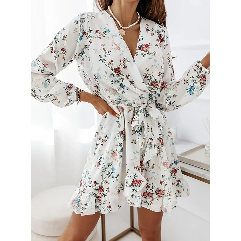 

Casual Midi Dress Knee Length Skirt White Floral Party Dresses for Women 2021 V-neck Christmas Women's Clothing Vintage Elegant