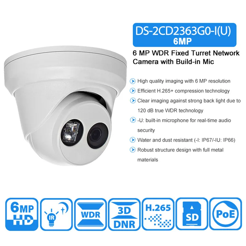 

Hik Original 6MP Camera DS-2CD2363G0-I H.265 Face Detect Network IP Camera POE CCTV Security Camera SD Card Slot