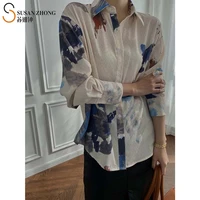 women shirts female blouse ladies tops 2021 spring new elegant romantic loose turn down collar button cuff art painting print