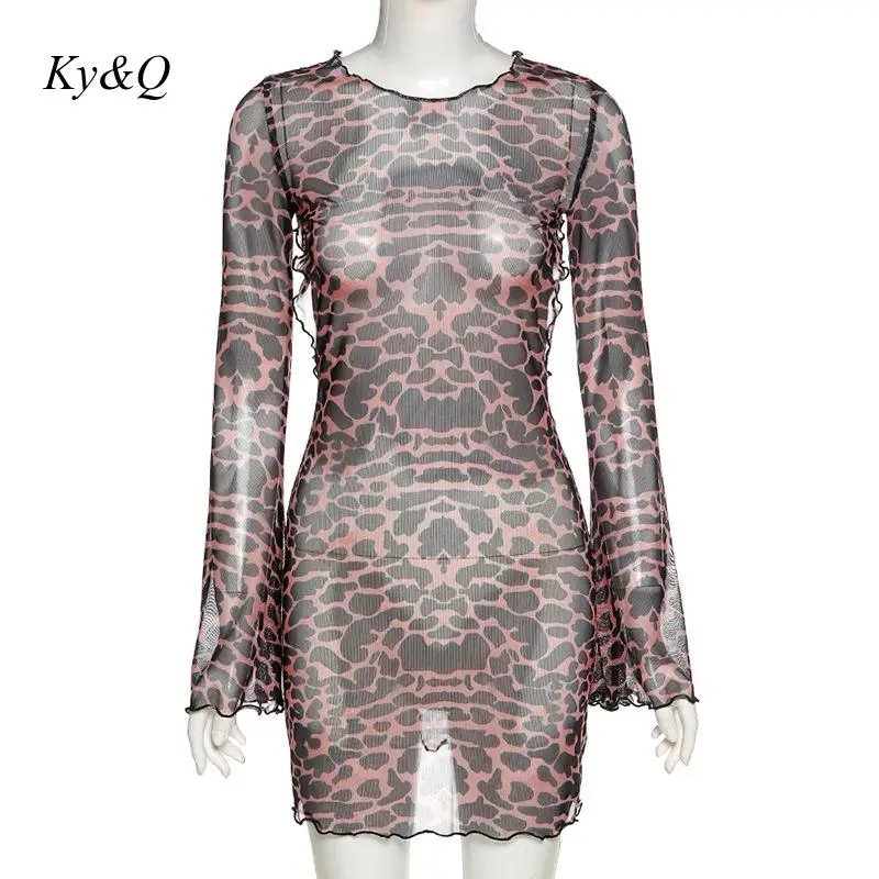 

Leopard Print Backless Dress Women Long Flare Sleeve Mesh Dress 2021 Spring Halter Transparent Sexy Club Street Wear Outfits