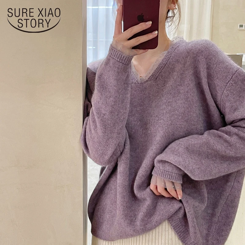 

Winter Korean Women Clothes Vintage Pullovers Elegant Sweater Autumn Wool Purple Top 2021 Chic Loose V-Neck Velvet Sweater 15920