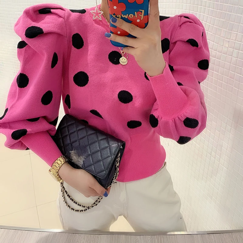 Женский трикотажный укороченный свитер уличный пуловер в горошек с длинными