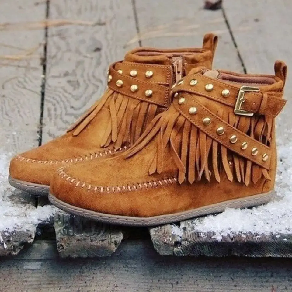 

Large Size Women's Shoes New Hand-sewn Fringe Boots Women's Flat Wicker Studs Clasp Martin Boots