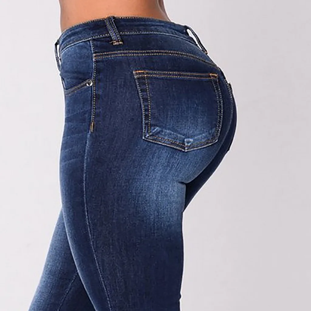 Сексуальные рваные женские джинсы с высокой талией однотонные пуш-ап синие