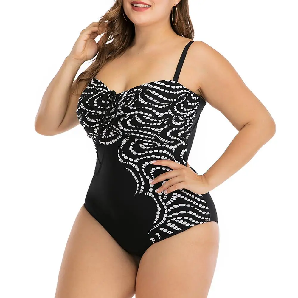 Женский цельный купальник размера плюс винтажный черно-белый монокини с принтом