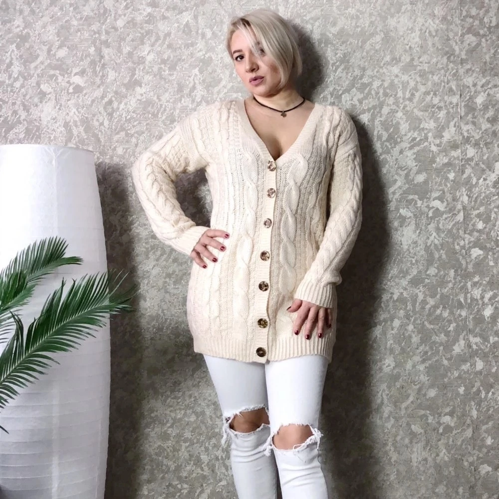 

Womens Sweater autumn Female Chic Comfortable Cardigan Lady Clothing Knit Cardigan V-neck Rhombus Thick Female Loose Coat Jacket