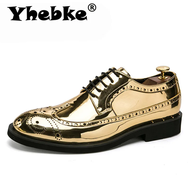 Брендовые Мужские модельные туфли Золотые блестящие мужские официальные